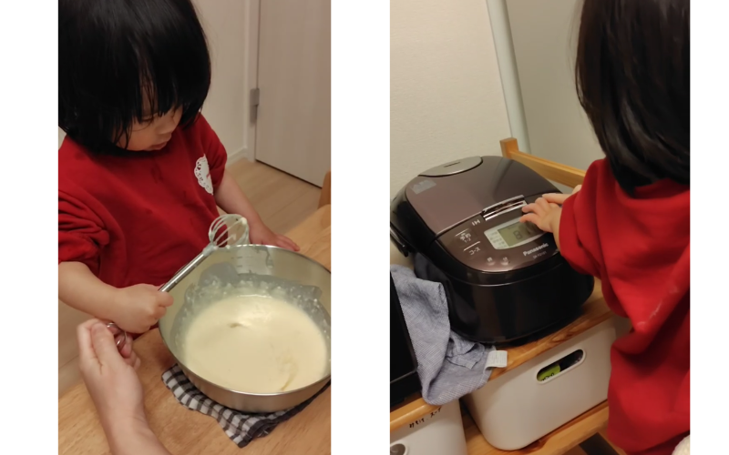 ２歳の子が親とケーキ作りをしている様子